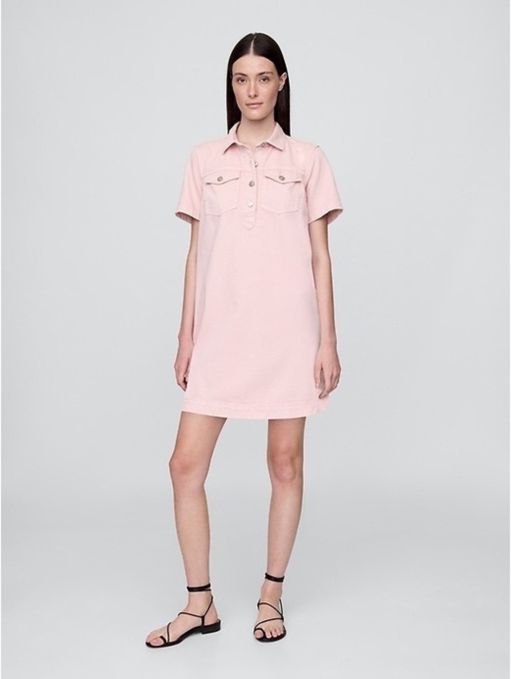 GAP Women's UltraSoft Denim Popover Mini Dress Pink Short Sleeve Shirt Dress, M